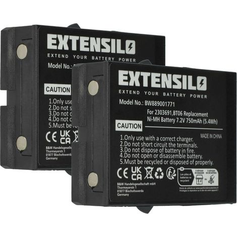 EXTENSILO 2x batería reemplaza Ikusi BT06, 2303691 para mando a distancia industrial (750 mAh, 7,2 V, NiMH) - negro