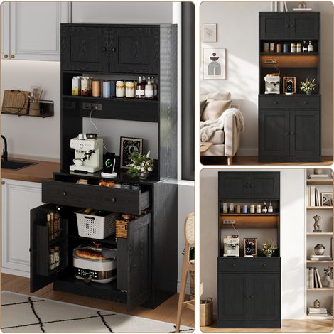 Mueble de cocina de 180 cm, armario alto con iluminación LED, estante de cocina con enchufe, especiero y cajón grande para cocina, comedor y sala de estar. (1/5)