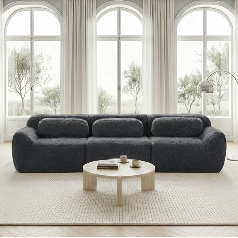 Canapé droit 3 places en tissu peluche premium, 32D hautement élastique,Doux et confortable, Base antidérapante, 291×104×73cm, Gris (1/5)