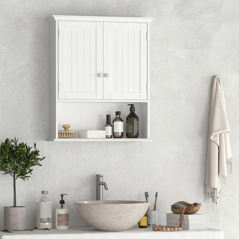 Armario de baño de pared con 2 puertas magnéticas y estante abierto, armario de baño de pared con estante ajustable, para cocina, recibidor y sala de estar, 60x20x70,5 cm, blanco