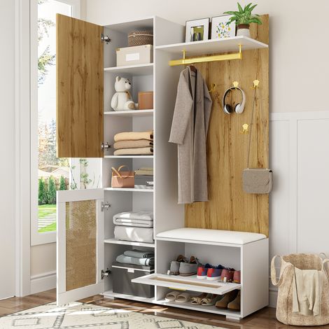 Garderobenset mit 3 Türen, Spiegel, Sitzbank, Kleiderhaken und Offenen Fächern mit LED, Weiß und Holz, 110×38×190 cm