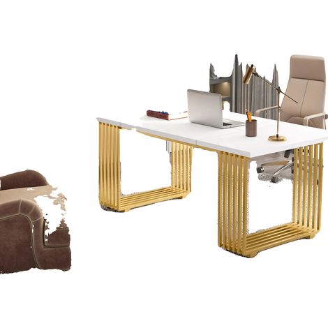 Escritorio, diseño moderno, estructura de metal macizo, blanco y dorado. (1/2)