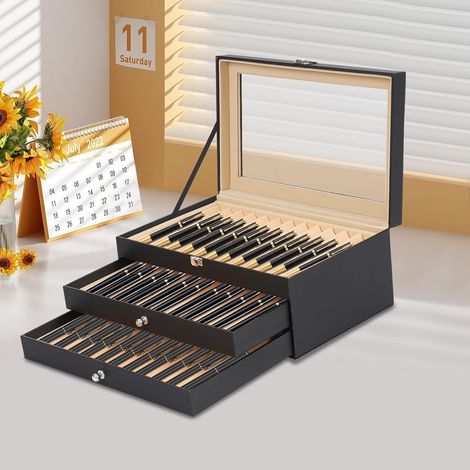 Stifthalterbox Vitrine für 36 Stifte, Kugelschreiber Federhalter Display Box Organizer Box mit Glasfenster Drei Ebene Vitrine mit Schubladen (1/5)