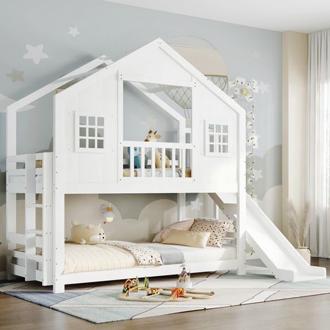 Lit superposé enfant 90x200 cm avec toboggan et échelle - avec toit et fenêtres - bois massif + MDF - blanc (sans matelas)