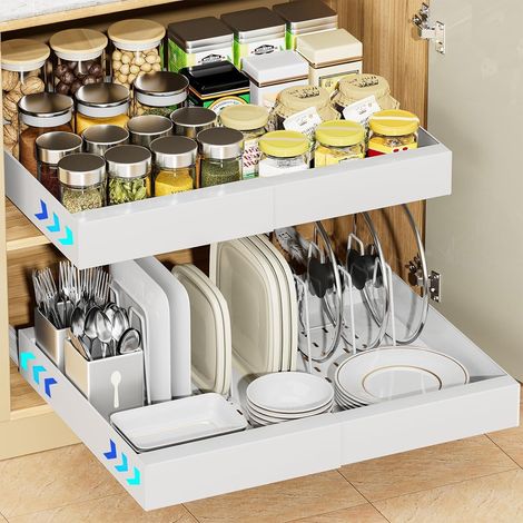 Tiroir de cuisine télescopique, extensible, organisateur d'armoire extensible, tiroir coulissant, pas de perçage ni de clouage nécessaire (blanc, 32 à 52 cm) (1/5)