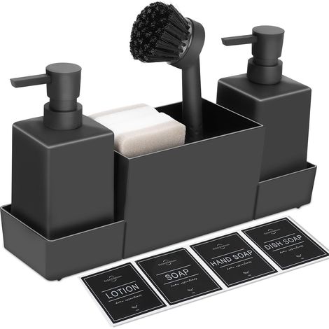 Set de distributeurs de savon de cuisine 4 en 1 (noir), organisateur d'évier avec support en éponge, brosse égouttoir, 350 ml, distributeur de savon double, gadget pratique de cuisine pour évier (1/5)