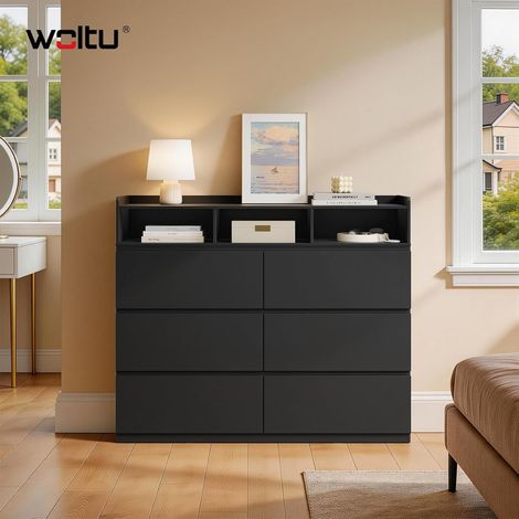 WOLTU Cómoda de 6 cajones, mueble de almacenamiento para dormitorios, salas de estar y recibidores, con 3 compartimentos abiertos y 1 estante elevado, negro (1/5)