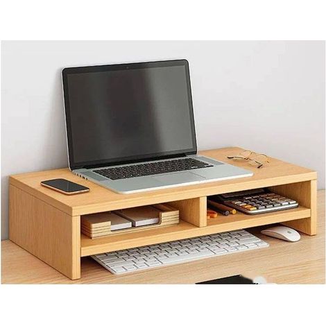 Bracket of monitor in wood, bracket of monitor of computer, organizer of desk, shelf of monitor multifunctional with compartment of storage, double layer color wood (1/5)