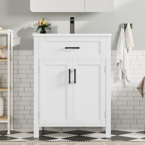 Meuble lave-mains sur pied en MDF blanc avec vasque en céramique, 60x46x84,8 cm, 2 portes et 1 tiroir (1/5)