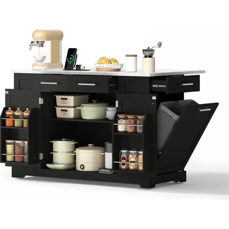 Îlot central de cuisine 138 cm noir avec plan de travail rabattable aspect marbre, prises, rangements réglables et roulettes (1/5)