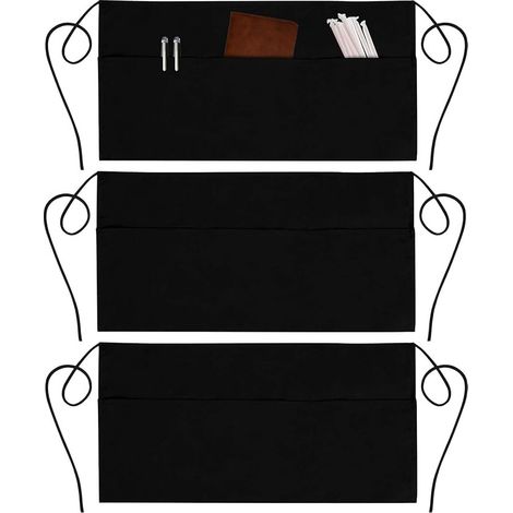 (3er-Set – Schwarz) Schürzen mit 3 Taschen – Gürtelschürzen, Unisex-Schürzen für Kaffeekellner, wasserdicht, kurz