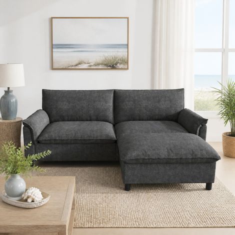 Sofá modular convertible 216x77x82 cm, con reposapiés móvil y almacenaje oculto, chenilla negro (1/5)