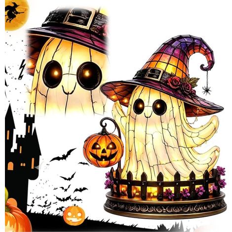 Lampe gothique d'Halloween avec chapeau de sorcière, lampe de table décorative style vintage, veilleuse LED pour chambre, étagère et table citrouille fantôme (1/5)