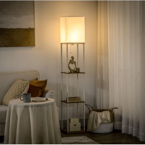 Lampada da terra con 3 ripiani, paralume in tessuto, 26x26x159 cm, bianco/marrone (1/5)