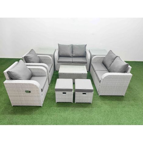 Fimous 8 Seater Outdoor Reclining Chair Love Sofa Set Rattan Garden Furniture Set with Rectangular Coffee Table 2 Stools 2 Side Table Light Grey (1/4)