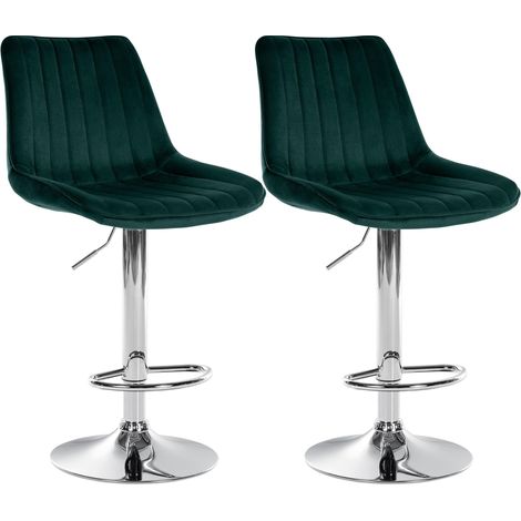Juego de 2 taburetes de bar regulables en altura y giratorios 360° en terciopelo verde con costuras verticales y patas de metal cromado 100006734