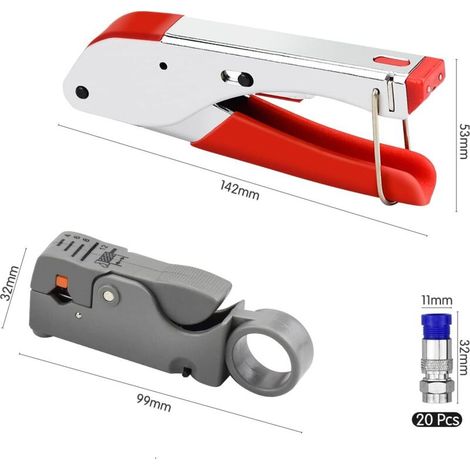 Jeu de pinces à sertir,Pince à dénuder de câbles,Pinces à sertir avec 20 fiches F câble coaxial Kit d'outils de compression Rg59 Rg6 Pince à sertir à double lame les fils Kit de sertissage (1/4)
