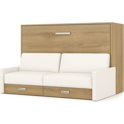 Lit escamotable horizontal avec canapé Vetal 140x190-Canapé Blanc-Structure et Façade Chêne clair (1/5)