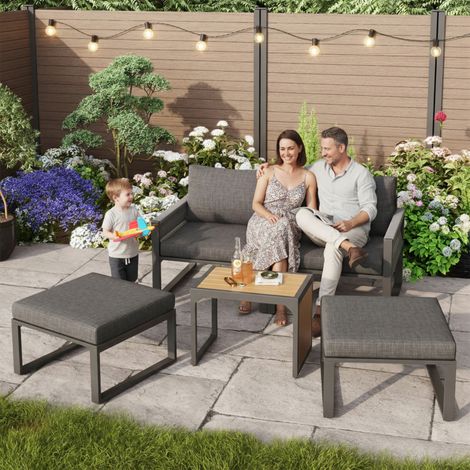 Grey Modular Garden Furniture Set  2-4 Seater Outdoor Corner Sofa with Plastic Wood Table, Weatherproof PE Rattan & Waterproof Linen Cushions, Flexible Patio Lounge Set for Garden, Balcony