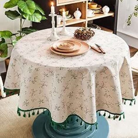 Nappe Ronde Lin Coton imprimé Fleuri, Nappe Table Ronde à Franges Lavable, Petite Nappe Ronde Anti Tache Décorer Utilisé de Table à Manger, Salon, Pique-Nique 150cm Round Tablecloth (Beige) (1/4)
