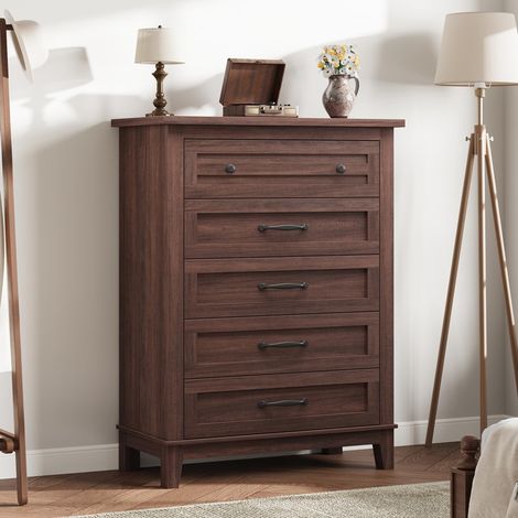 Commode haute marron 5 tiroirs 40x80x105.7 cm, finition bois design vertical, grand rangement pour chambre, salon et entrée (1/5)