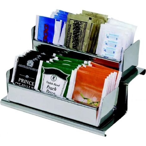 Portabustine a 2 ripiani Mis. 18x18x12 cm - Organizer in acciaio inox - Stand con due contenitori poggia bustine, Dispenser per bustina di the zuccher