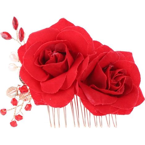 Peigne à Cheveux Orné de Cristaux en Tissu et Métal Accessoire Délicat Rouge de Fleur de Rose pour Mariage pour Coiffure de Femmes Lors de Fêtes