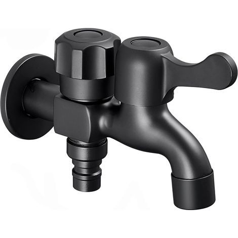 Lot de 2 robinets double sortie noirs en laiton, modèles pour jardin extérieur et lavabo, finition noire élégante. (1/5)