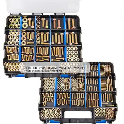 Coffret de boulonnerie 1084 pièces – Assortiment de boulons à tête hexagonale extérieure classe 8.8 avec écrous, rondelles plates et rondelles élastiques Grower, en acier carbone zingué coloré, format (1/4)
