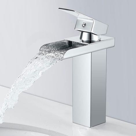 Moderne Robinet Salle de Bain Cascade, Chromé Mitigeur Lavabo Cascade, Robinet Lavabo avec Bec Hauteur 130mm, Mitigeur Salle de Bain en Laiton, Eau Froide & Chaude Disponible, G 3/8 (1/5)