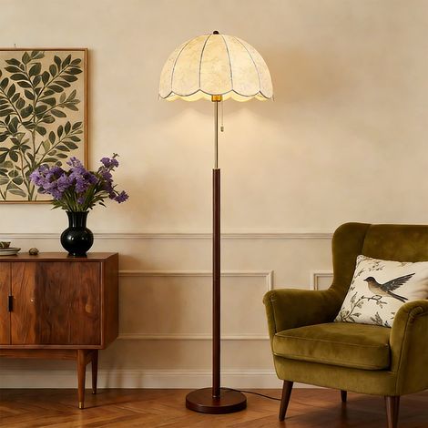 Klassische Vintage Stehlampe 156 cm mit Stoffschirm, E27 LED Bodenlampe, Dimmbar mit 3 Lichtfarben und Zugschalter für Wohnzimmer