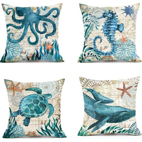 Housse de Coussin Extérieur Imperméable, Lot de 4, Motif Vie Marine Bleue, Décoration Jardin et Salon, 45x45 cm