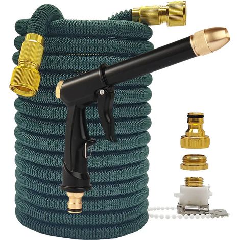 Tuyau d'arrosage haute pression Magic 2,5-30 mètres avec pistolet intégré (1,14 m) pour la maison et le jardin. Flexible, double raccord métallique, vert foncé. Pistolet de lavage pour voiture. (1/4)