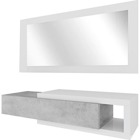 Meuble d'entrée Suspendu avec tiroir étagère et Miroir ameublement Salon en Bois 95 x 26 x 19 cm, Blanc Brillant et Gris Ciment (1/5)