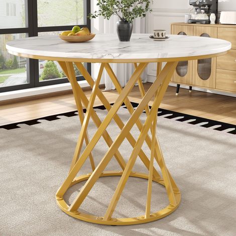 MEUBLIV Table ronde 80x80x76 cm doré et blanc – plateau effet marbre, 4 places (1/5)
