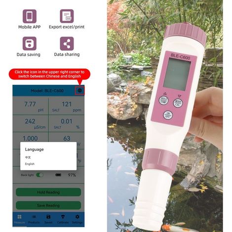 Pen of detection of the quality of water, probe smart 7 in 1 high sensitivity Bluetooth PH TDS EC ORP SG salinite temperature meter (1/5)