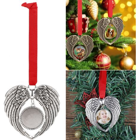 Ej.Life (Silber) herzförmige Engelsflügel, Weihnachtsbaum-Anhänger, DIY-Weihnachtsdekorationszubehör, Andenken-Fotoornamente (1/5)