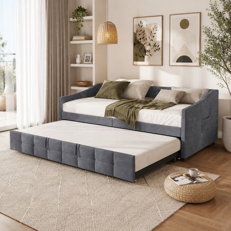 Lit gigogne 2x90x200 cm, Lit gigogne extensible, Canapé lit gigogne, avec lit escamotable, dossier et accoudoirs, pour Salon, Chambre à Coucher, tissu velours, Gris (1/5)