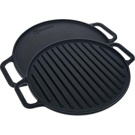 Victoria 38007 Plaque à Griller en Fonte Émaillée Induction Grille Réversible 32cm pour Feu Noir (1/5)