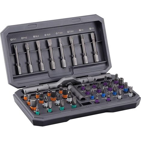 Set mit 42 magnetischen Ratschenschraubendrehern, inklusive Präzisionsbits, farbcodierten Bits und einem tragbaren Aufbewahrungskoffer für Möbel, Computer und Fahrräder. (1/5)
