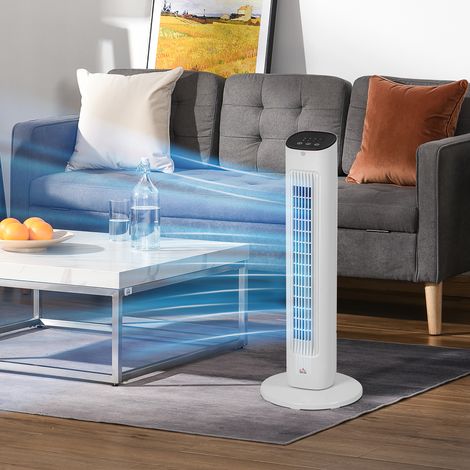 Ventilateur colonne avec télécommande et 3 vitesses. Minuterie 15 heures. Oscillation et mode nuit. Blanc.