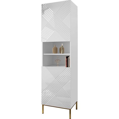Estantería Natar, Blanco + Blanco brillante, Cerrable, Con puertas, Aglomerado laminado, MDF, Número de puertas: 0, Número de cajones: 0, 200x55x42cm (1/5)