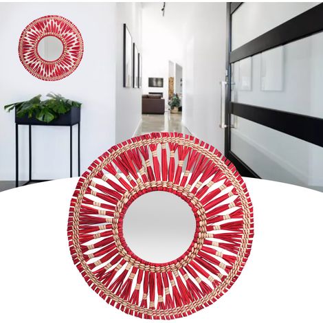 Miroir décoratif mural style rétro nordique avec pompon tressé à la main, idéal pour une chambre d'hôtes ou une table de chevet, rouge. (1/5)
