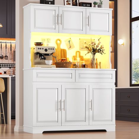 Aparador de cocina de 108x40x180 cm con iluminación LED controlada por aplicación, estantes ajustables, encimera, MDF blanco. (1/5)