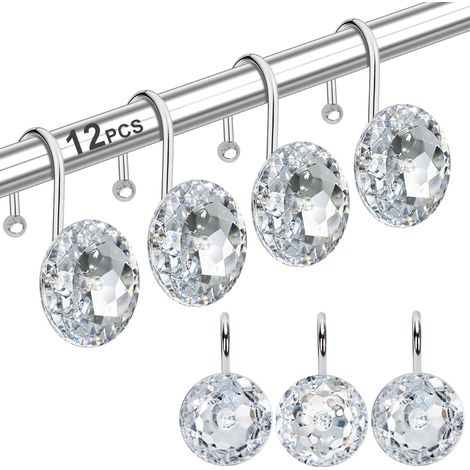 Ensemble de 12 crochets pour rideau de douche, anneaux de salle de bain, strass décoratifs en acie (transparent)