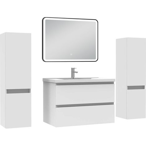 Ocean Meubles Salle de Bain 80cm avec colonne + miroir lumineux 3 couleurs blanc