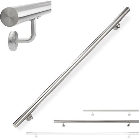 Relaxdays Corrimano, Acciaio Inox 304, Passamano per Ambienti Interni e Esterni, 150 cm, Ø 42 mm, con Supporto, Argento (1/5)