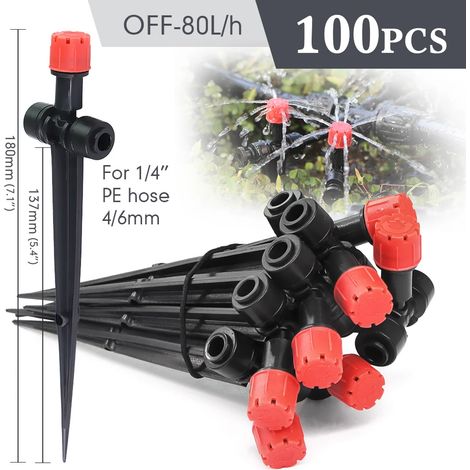 (100 pièces) Arroseur à 8 trous 1/4″ avec piquet, goutteur réglable à 360°, raccord rapide pour l'irrigation de jardin, les plantes en pot et l'agriculture. (1/5)