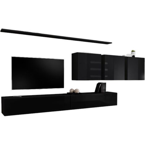 Conjunto de muebles de salón mural SWITCH VII diseño, color negro brillante.