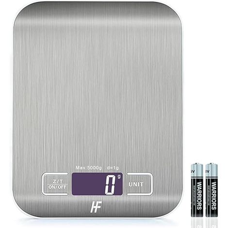 Hochpräzise elektronische Küchenwaage 5000 g/1 g mit hintergrundbeleuchtetem LCD-Display, 6 Einheiten und Tara-Funktion, Edelstahl, inklusive Batterien (1/5)